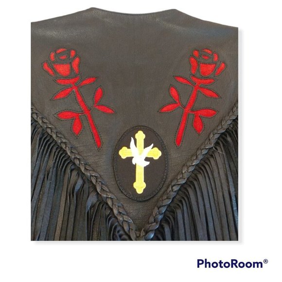 Women's MOB Rose Fringed Leather Vest with Suede Inserts and Pins - Picture 2 of 11